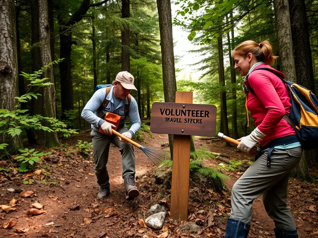 Volunteers working on a trail, clearing debris and maintaining the path, emphasizing the club's commitment to trail maintenance.