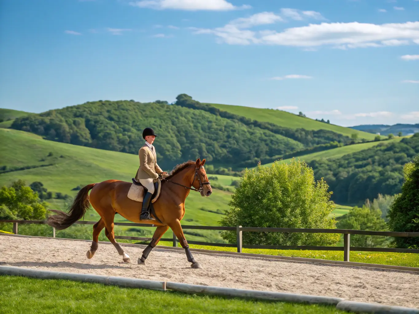 A group of people on horseback riding through a picturesque countryside, highlighting the equestrian outings offered by the club.