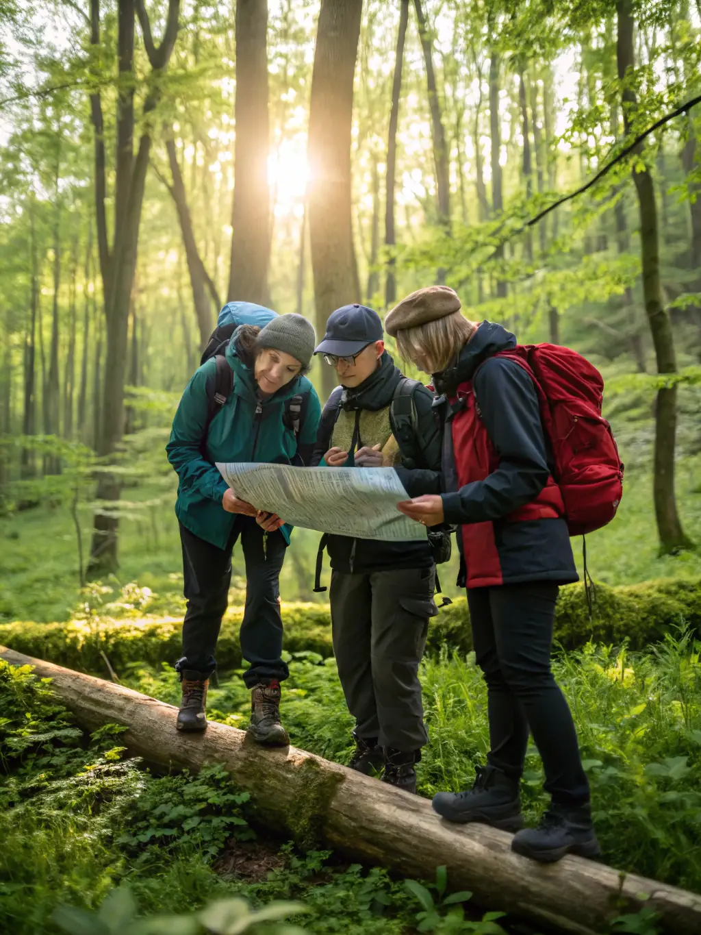 A group of hikers are gathered around a trail map, discussing the route for an upcoming pedestrian outing organized by CLUB DE RANDONNEE PEDESTRE 'LOS CAMINAIRES DE CENTRES'. The image captures the spirit of community and adventure.