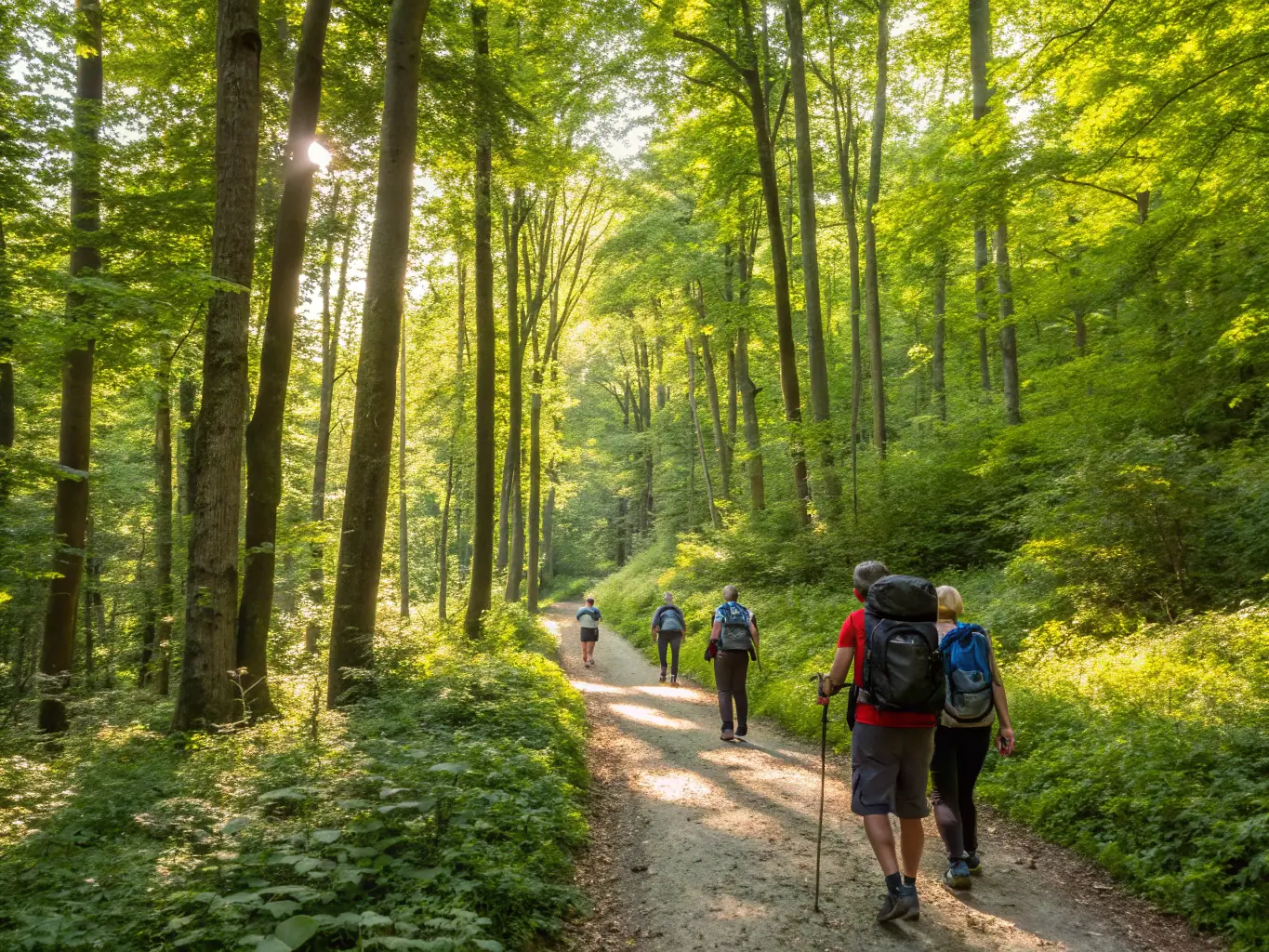 A group of hikers walking along a well-maintained trail in a forest, sunlight filtering through the trees, showcasing a typical hiking outing organized by the club.